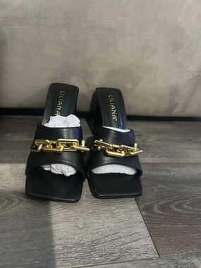 Liliana Black Slide Sandals with Gold Chain Trim